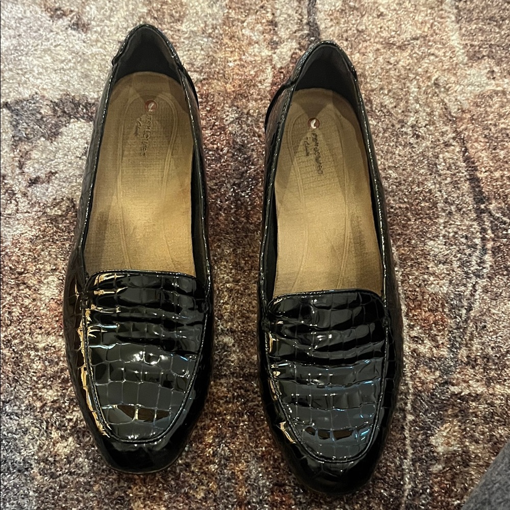 Clarks Glossy Black Croc-Embossed Loafers